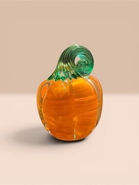 Prestige Art Glass Handblown Orange Glass Pumpkin with Green Swirl Stem 1999